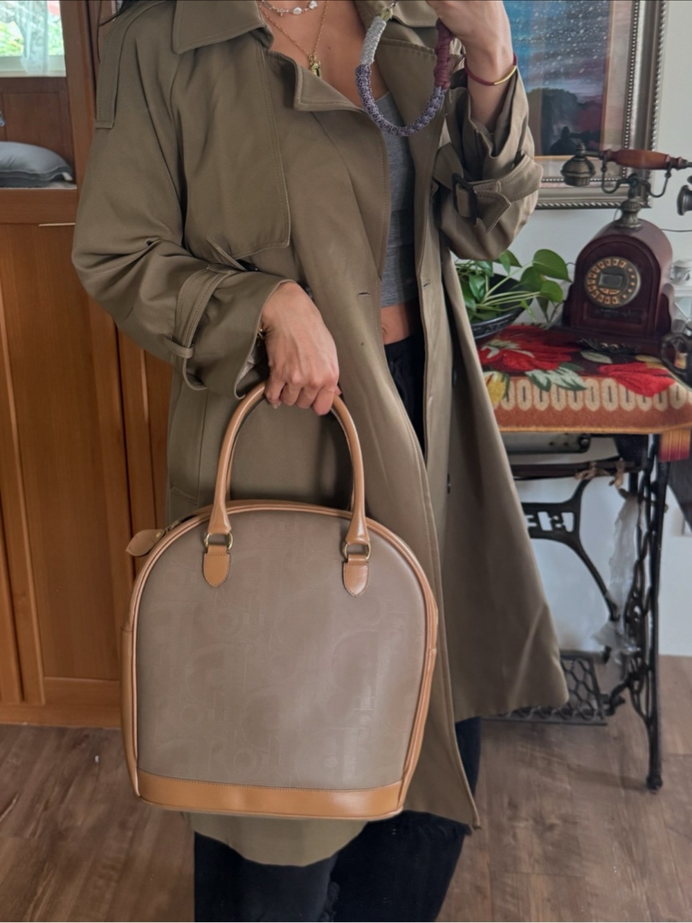Rare Christian Dior Trotter Dome Taupe Nude Gold Handbag deadstock Vintage